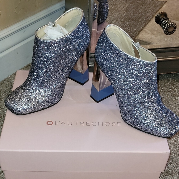 L'Autre Chose Sequin Glitter Ankle Boots, Mirror Chrome Two Toned Stacked  Heels - Picture 9 of 17